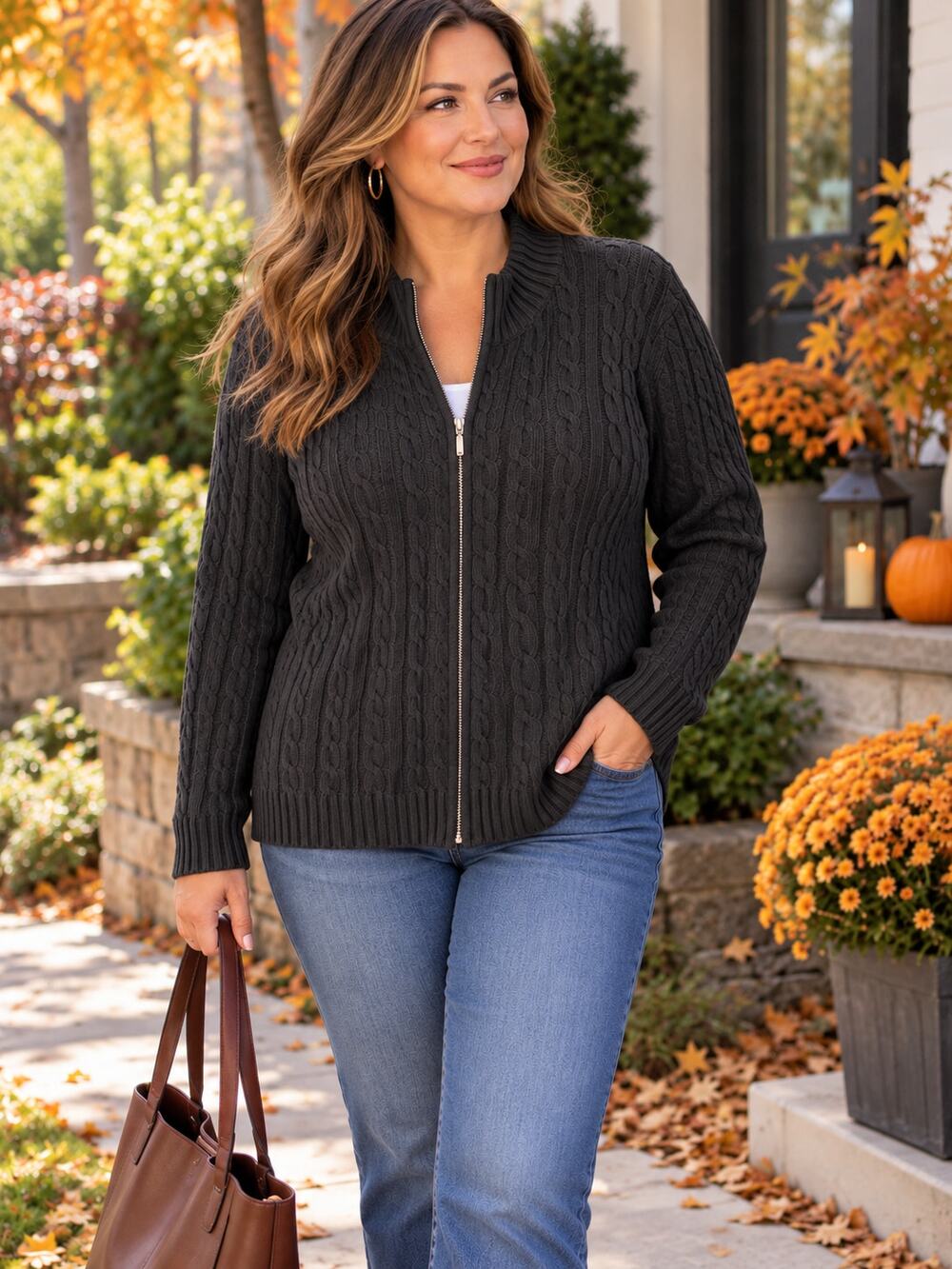 L.L.Bean Women’s 2X Black Cable Knit Full Zip Cotton Cardigan Sweater